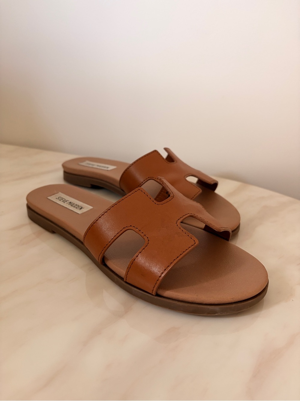 Steve Madden Tan Brown Leather H-Strap Slide Sandals